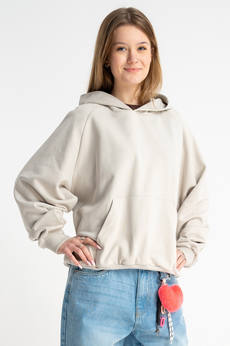 Jasnoszara bluza BOXY z kapturem z minimalistycznym haftem na rękawie, szary