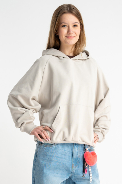 Jasnoszara bluza BOXY z kapturem z minimalistycznym haftem na rękawie