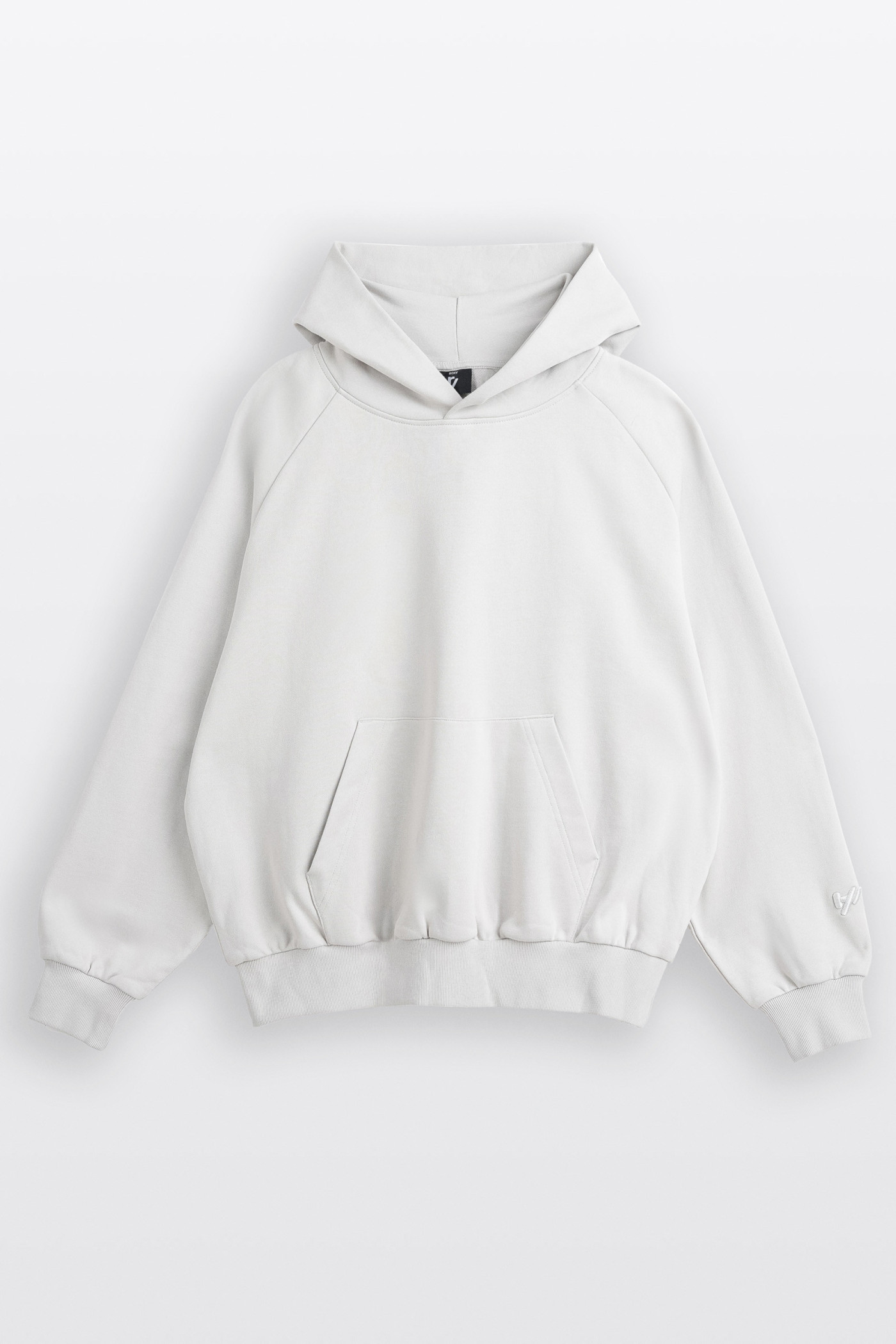 Jasnoszara bluza BOXY z kapturem z minimalistycznym haftem na rękawie