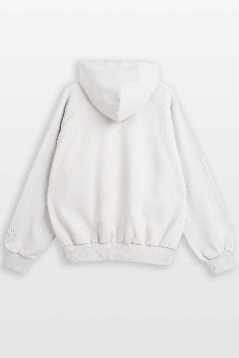 Jasnoszara bluza BOXY z kapturem z minimalistycznym haftem na rękawie