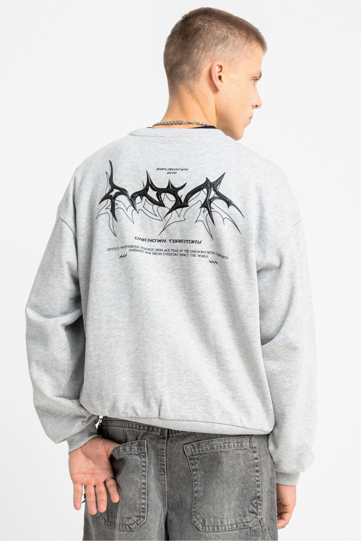 Bluza bez kaptura BOXY szary melanż z autorską grafiką z tyłu