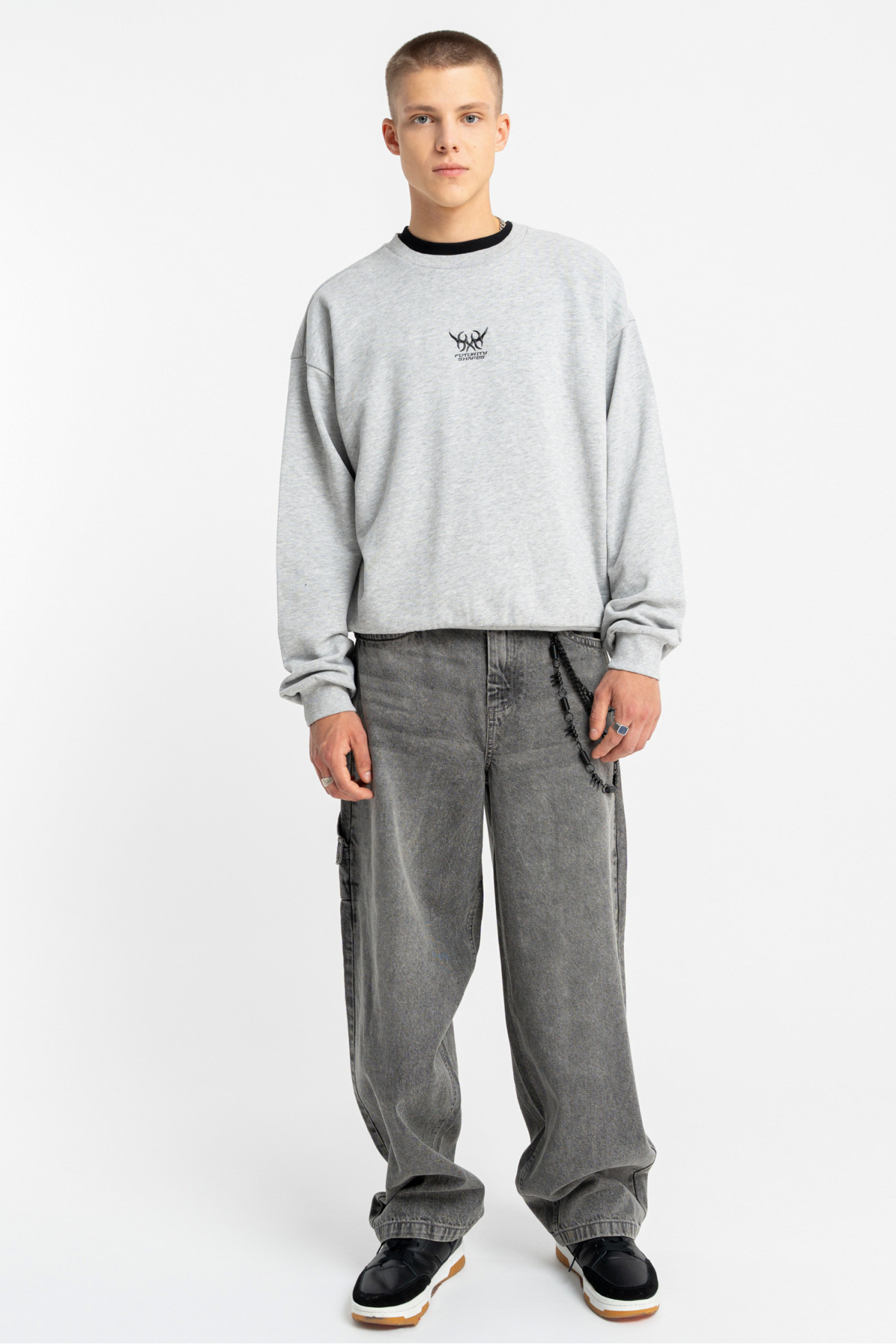 Bluza bez kaptura BOXY szary melanż z autorską grafiką z tyłu