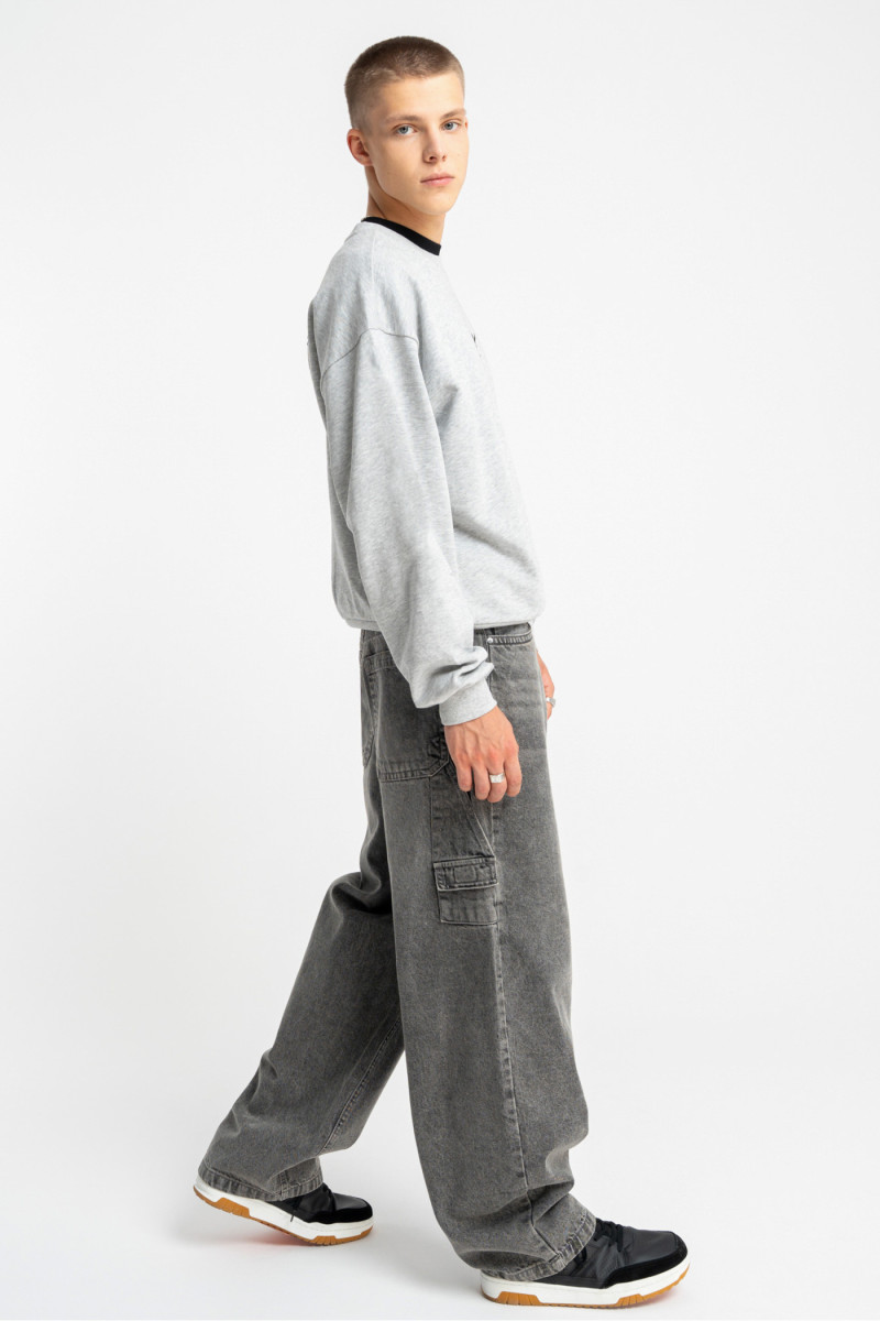 Bluza bez kaptura BOXY szary melanż z autorską grafiką z tyłu