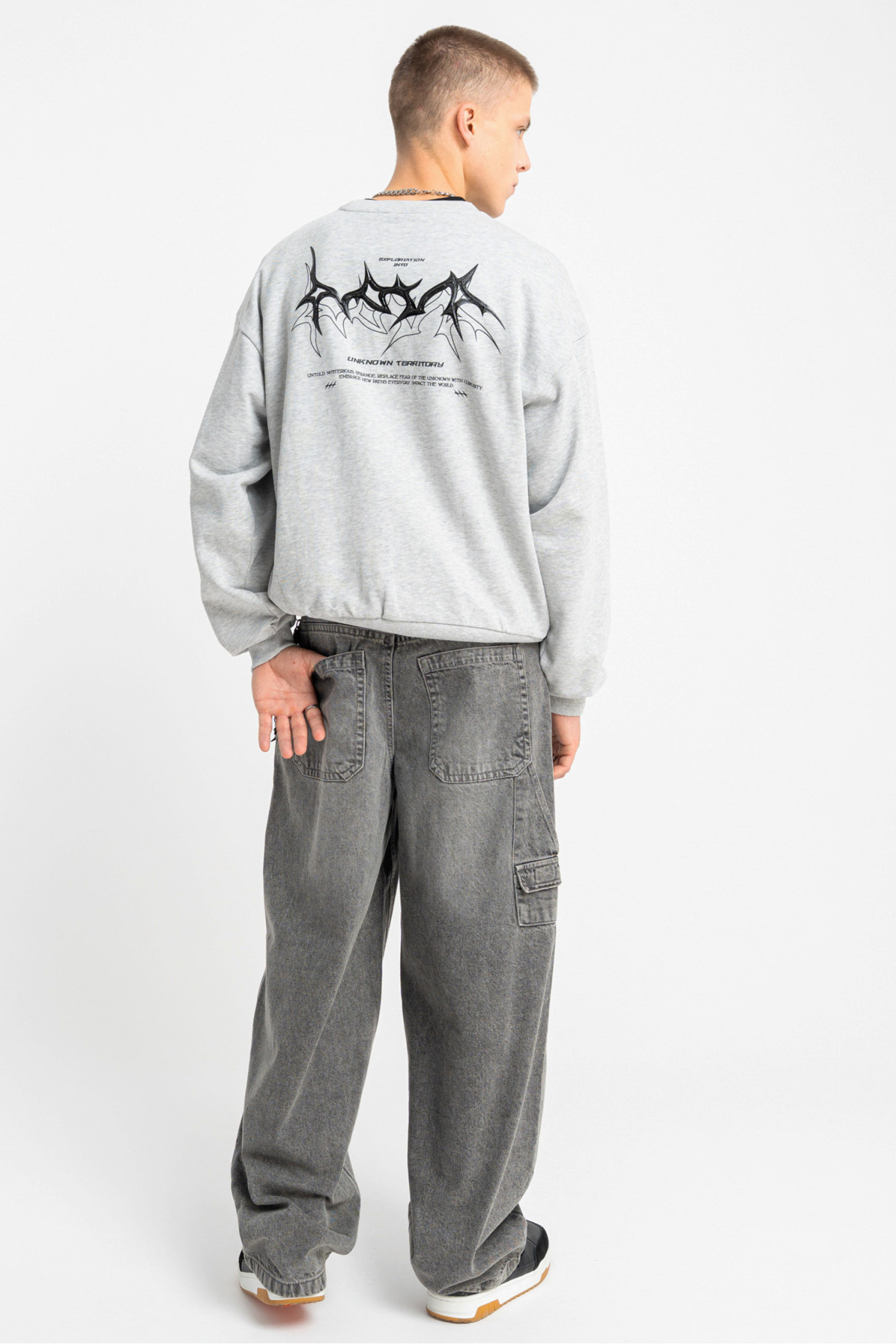 Bluza bez kaptura BOXY szary melanż z autorską grafiką z tyłu