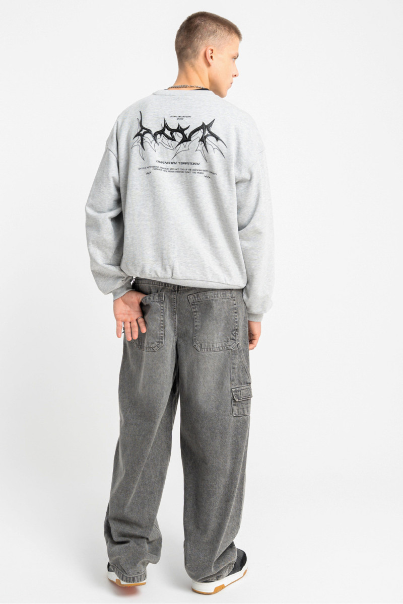 Bluza bez kaptura BOXY szary melanż z autorską grafiką z tyłu