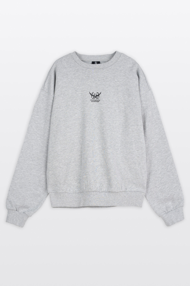 Bluza bez kaptura BOXY szary melanż z autorską grafiką z tyłu