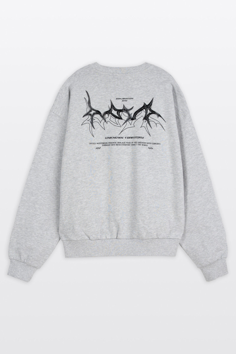 Bluza bez kaptura BOXY szary melanż z autorską grafiką z tyłu