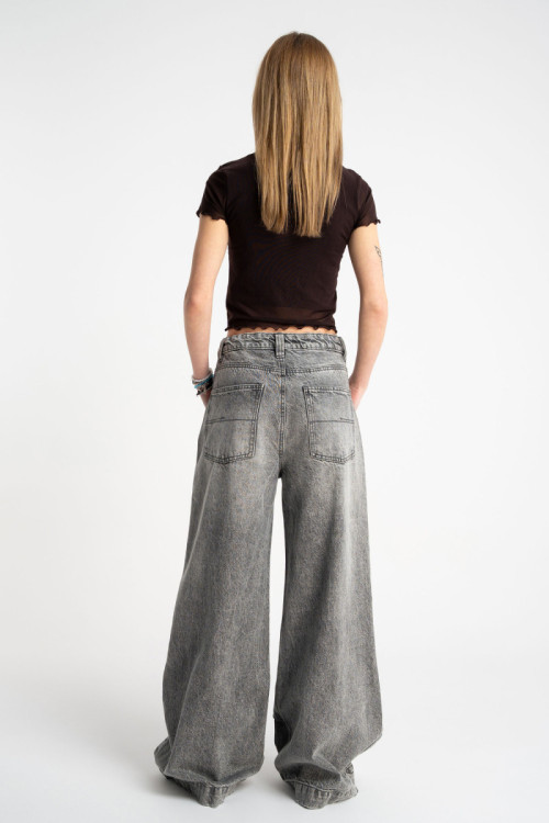 Szare spodnie jeansowe WIDE LEG z efektem sprania