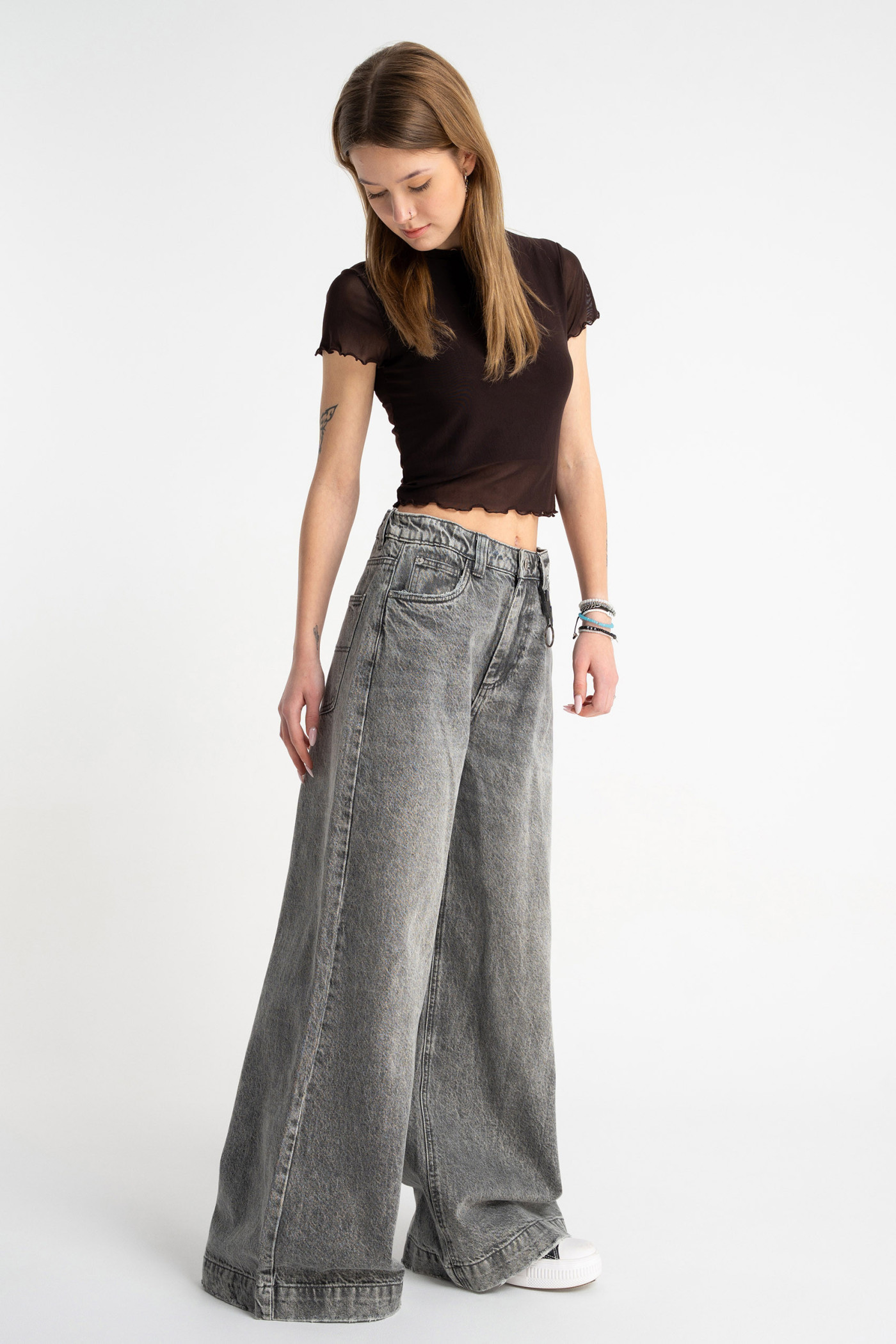 Szare spodnie jeansowe WIDE LEG z efektem sprania