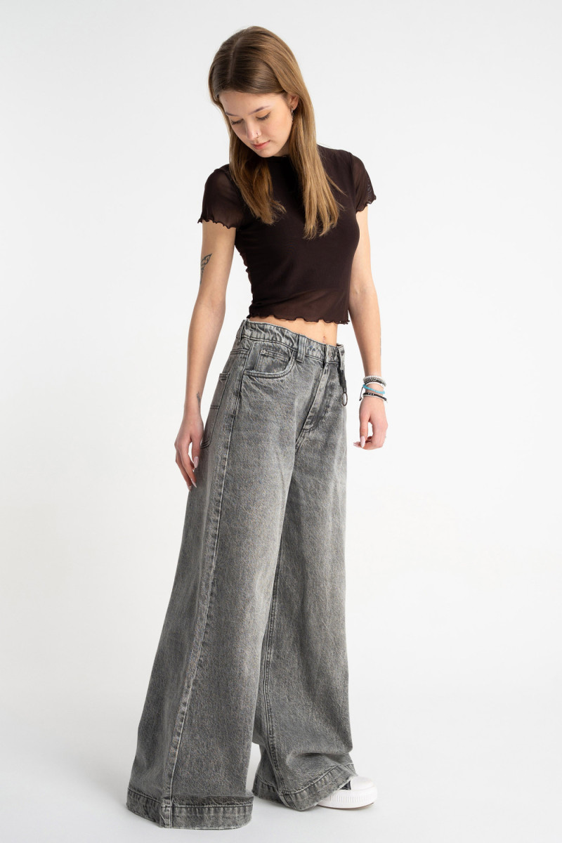 Szare spodnie jeansowe WIDE LEG z efektem sprania