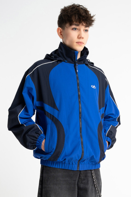 Niebieska kurtka ortalionowa na stójce z kontrastowymi wstawkami