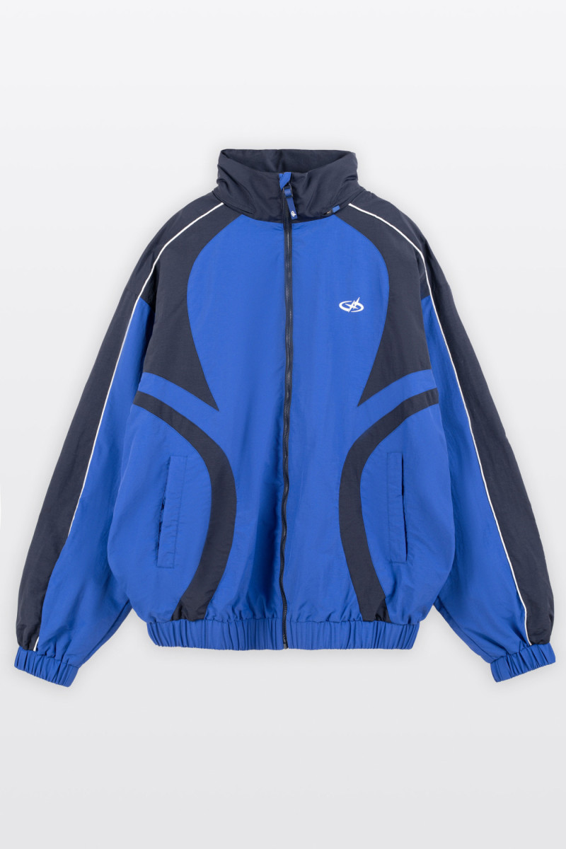 Niebieska kurtka ortalionowa na stójce z kontrastowymi wstawkami