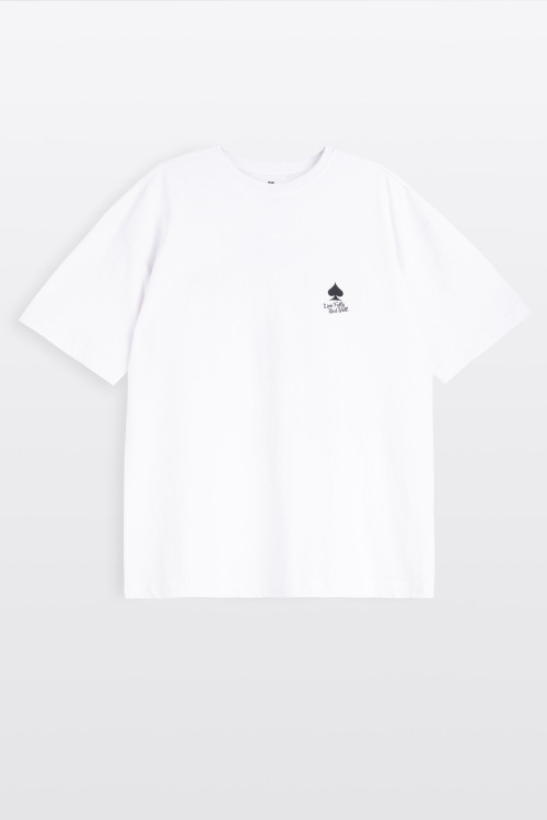 Biały t-shirt LOOSE z autorską grafiką z tyłu