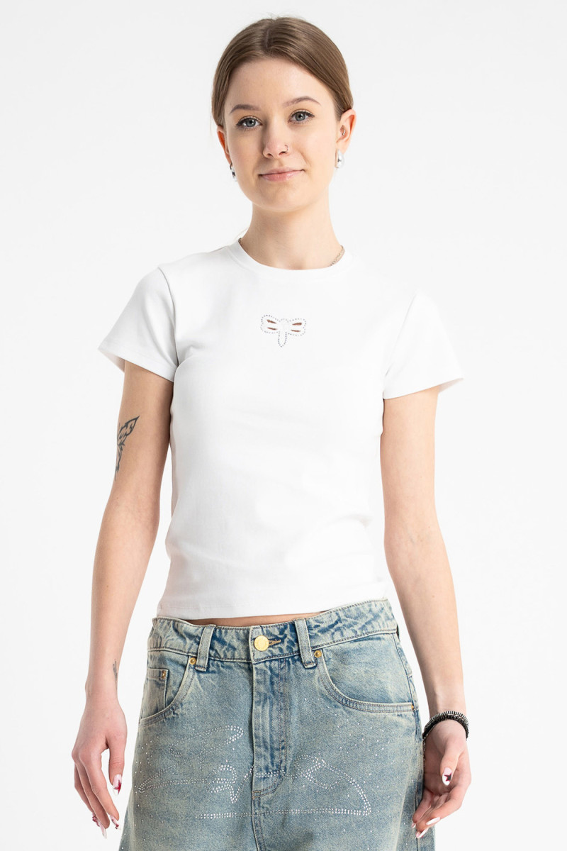 Biała bluzka z krótkimi rękawami z ozdobnym haftem z przodu, Rozmiar - 170, Kolor - Biały