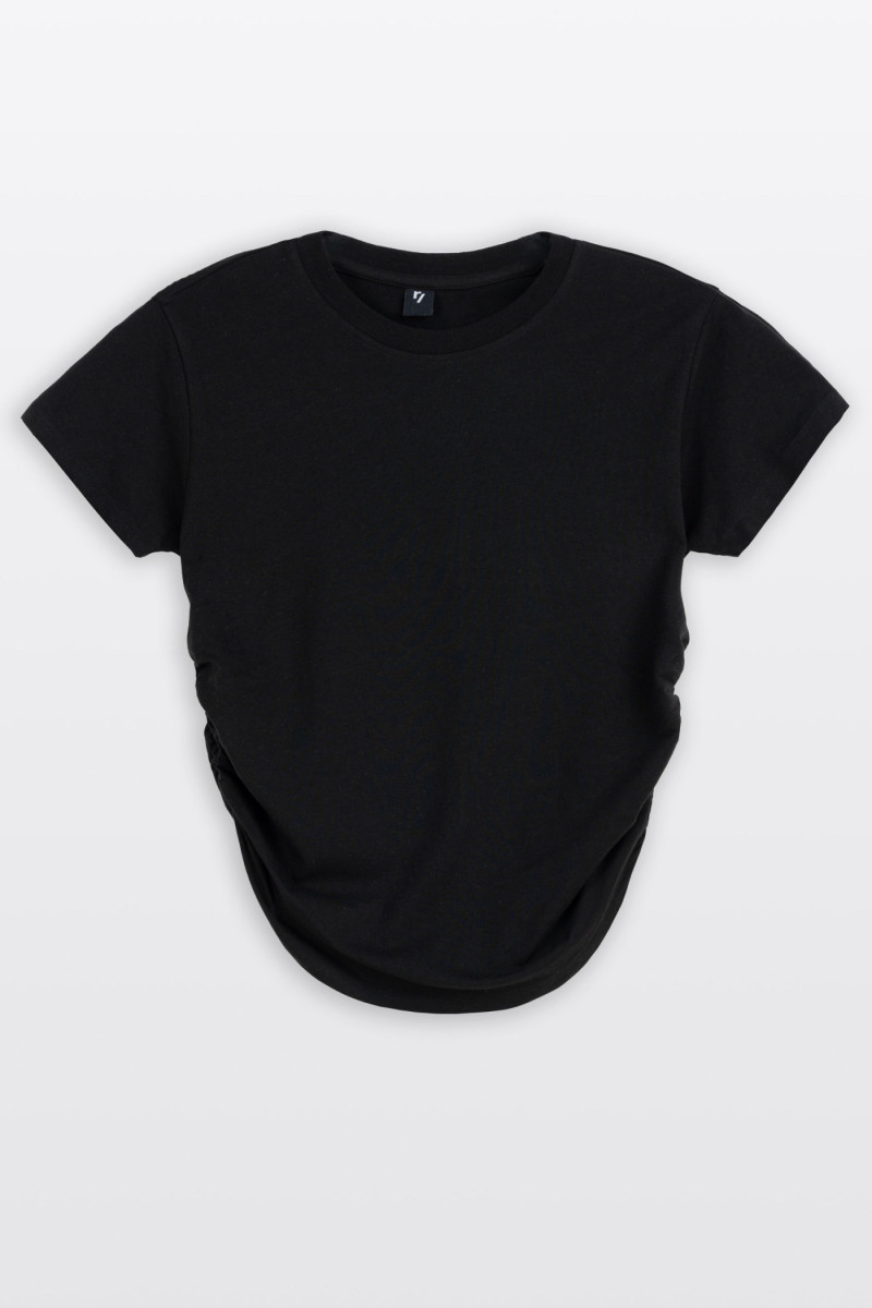 Czarna bluzka z krótkim rękawem marszczona w pasie