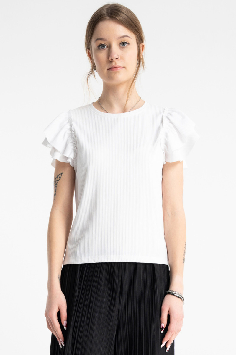 Biała bluzka z dzianiny prążkowanej z krótkimi ozdobnymi rękawami, Rozmiar - 140, Kolor - Biały