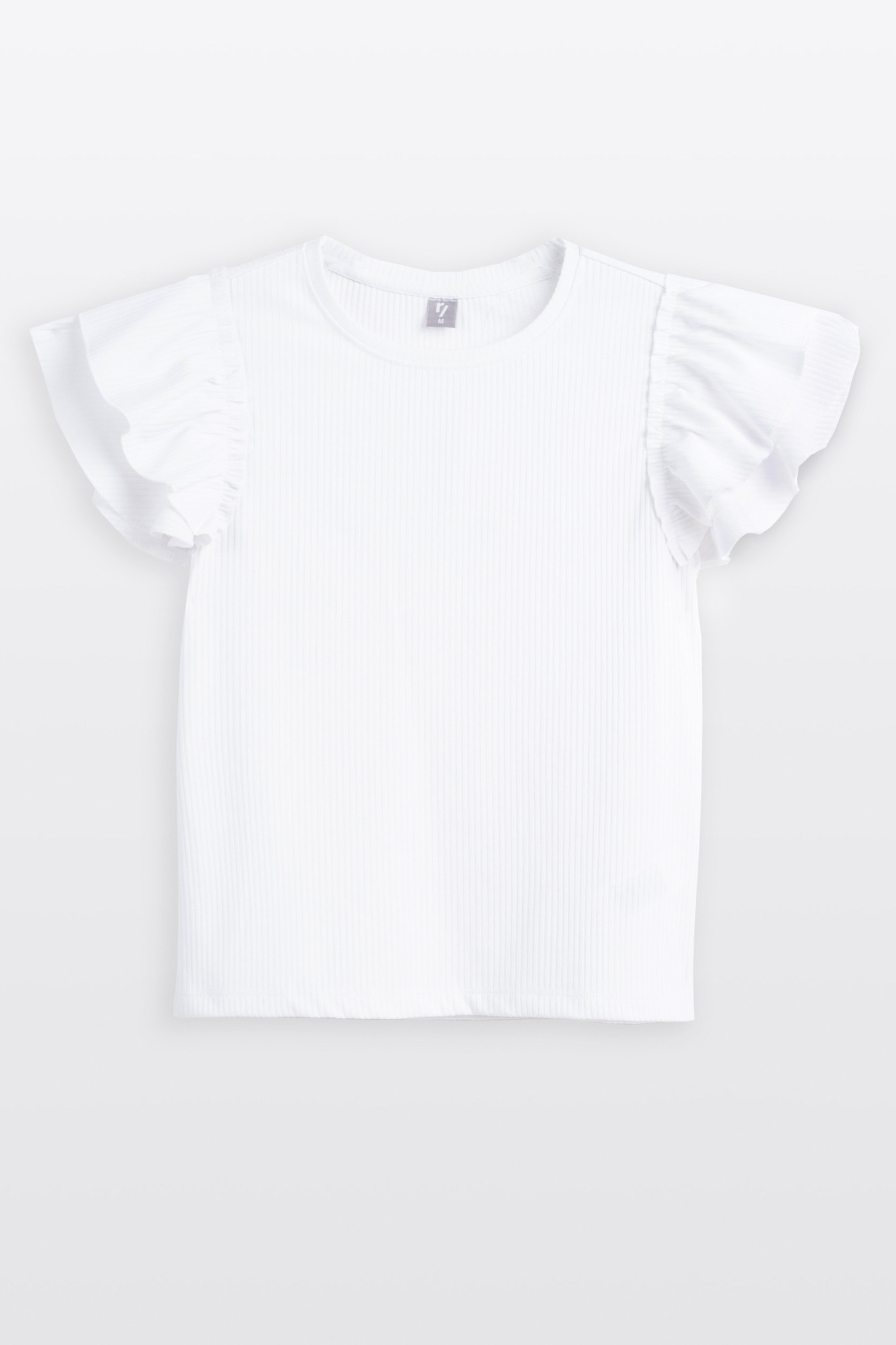 Biała bluzka z dzianiny prążkowanej z krótkimi ozdobnymi rękawami