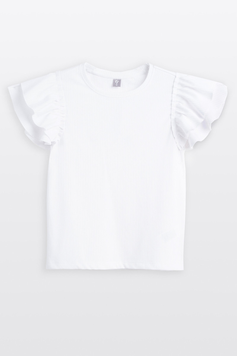 Biała bluzka z dzianiny prążkowanej z krótkimi ozdobnymi rękawami