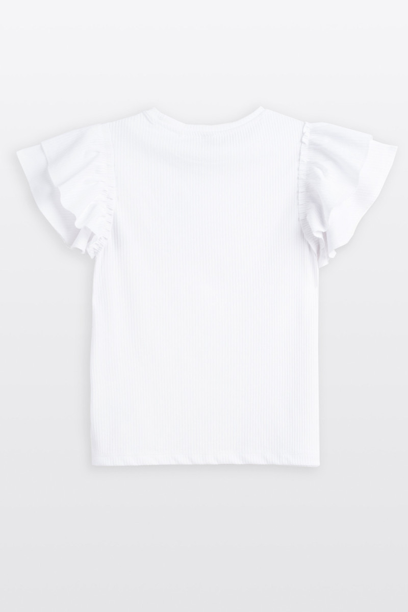 Biała bluzka z dzianiny prążkowanej z krótkimi ozdobnymi rękawami