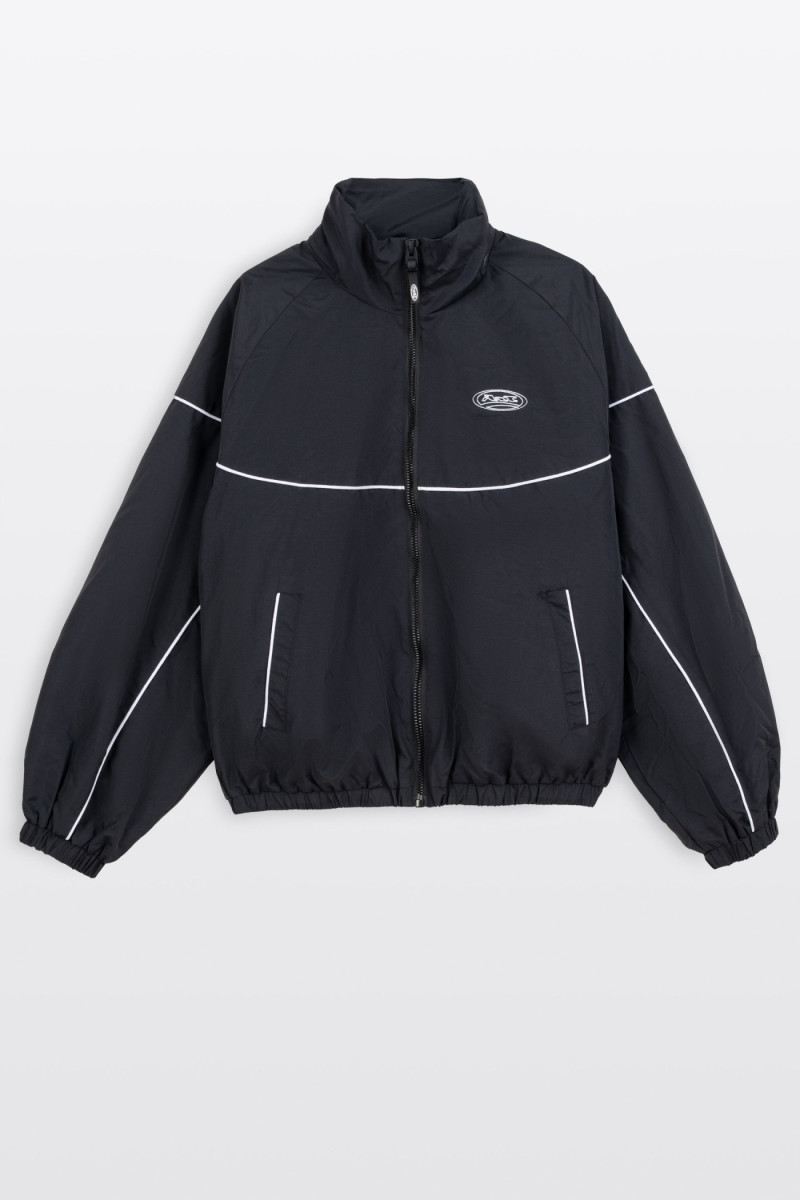 Czarna kurtka ortalionowa na stójce z odpinanym kapturem