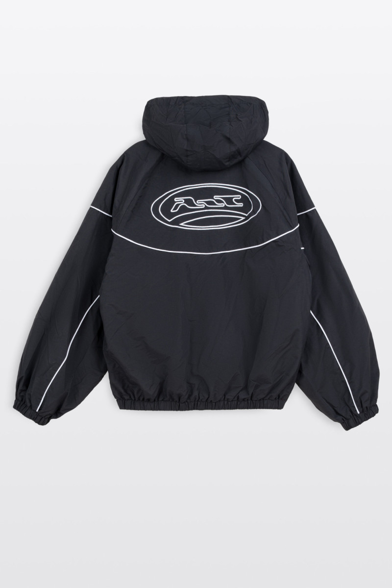 Czarna kurtka ortalionowa na stójce z odpinanym kapturem