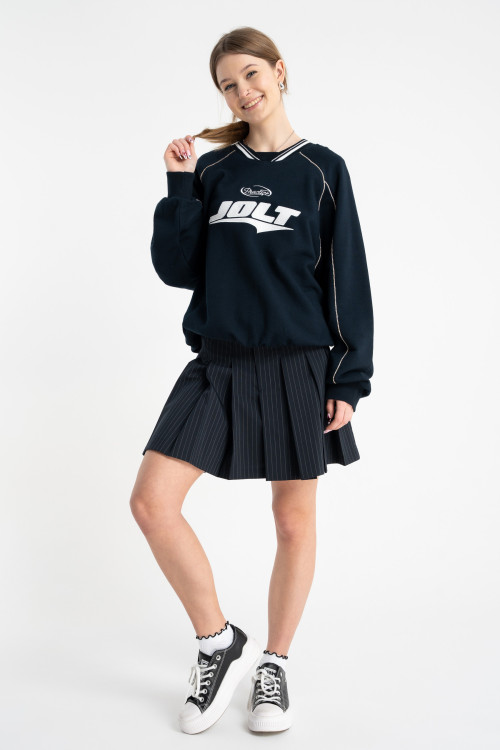 Granatowa spódnica mini z kontrafałdami w prążek