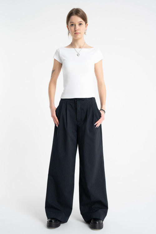 Granatowe eleganckie spodnie WIDE LEG w prążki