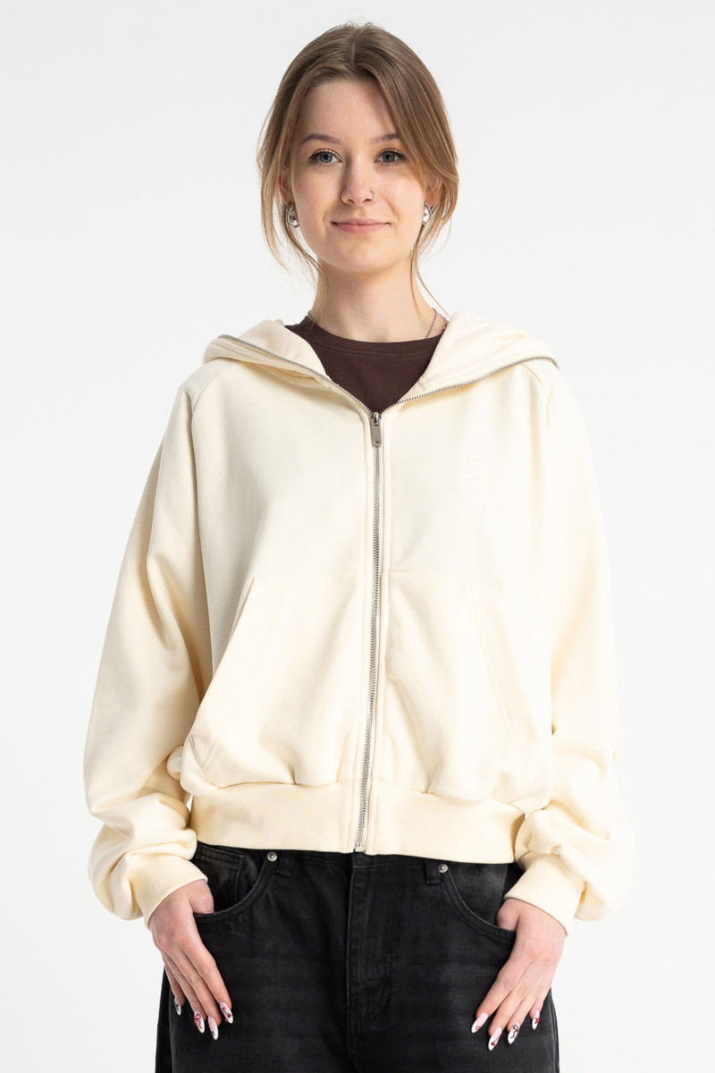 Kremowa bluza BOXY z kapturem  z minimalistycznym haftem z przodu, kremowy