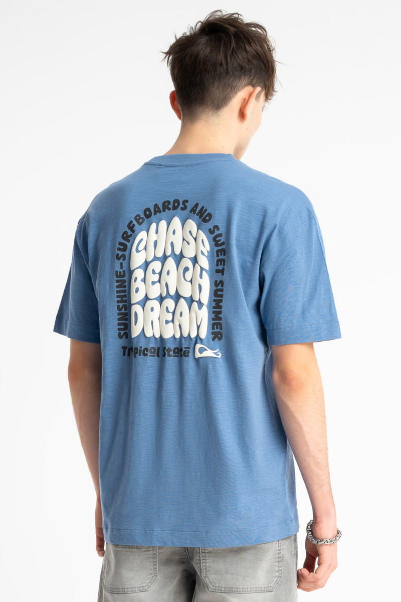 Niebieski t-shirt LOOSE z autorską grafiką z tyłu, niebieski