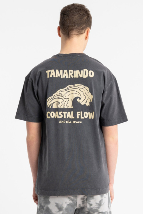 Ciemnoszary t-shirt LOOSE z efektem sprania z autorską grafiką z tyłu