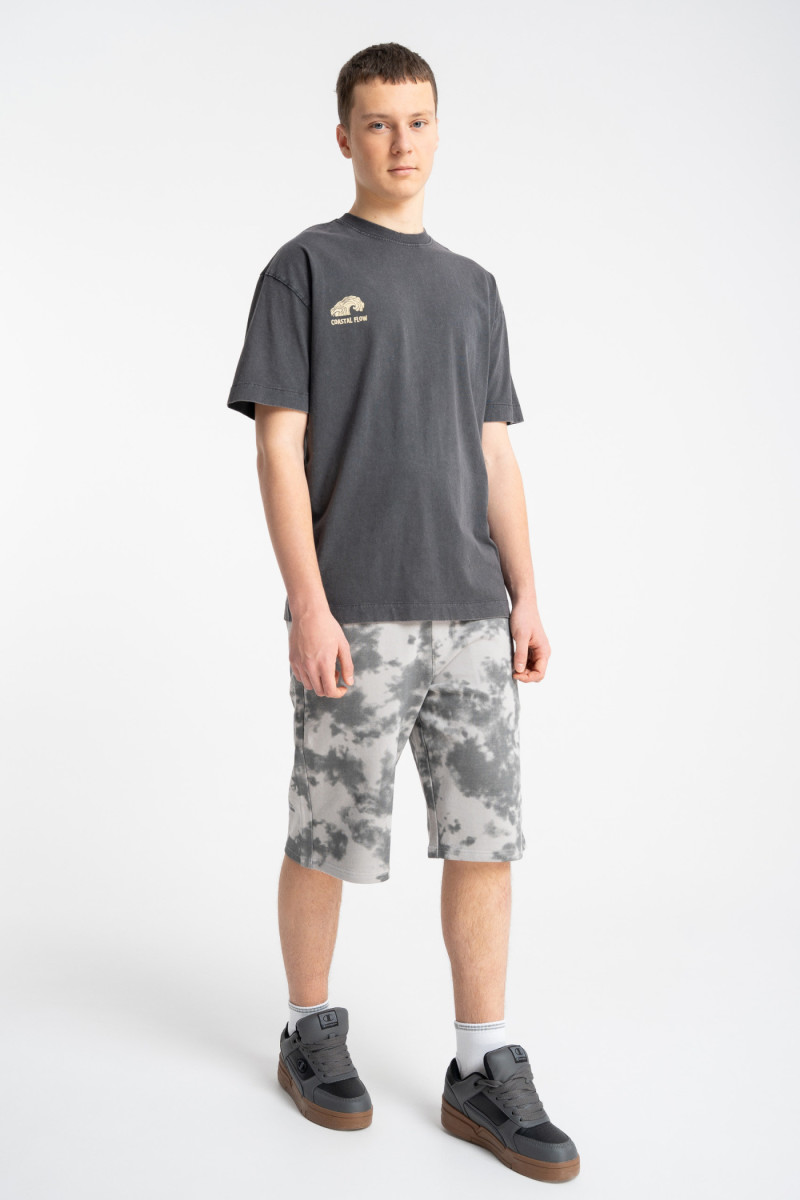 Ciemnoszary t-shirt LOOSE z efektem sprania z autorską grafiką z tyłu