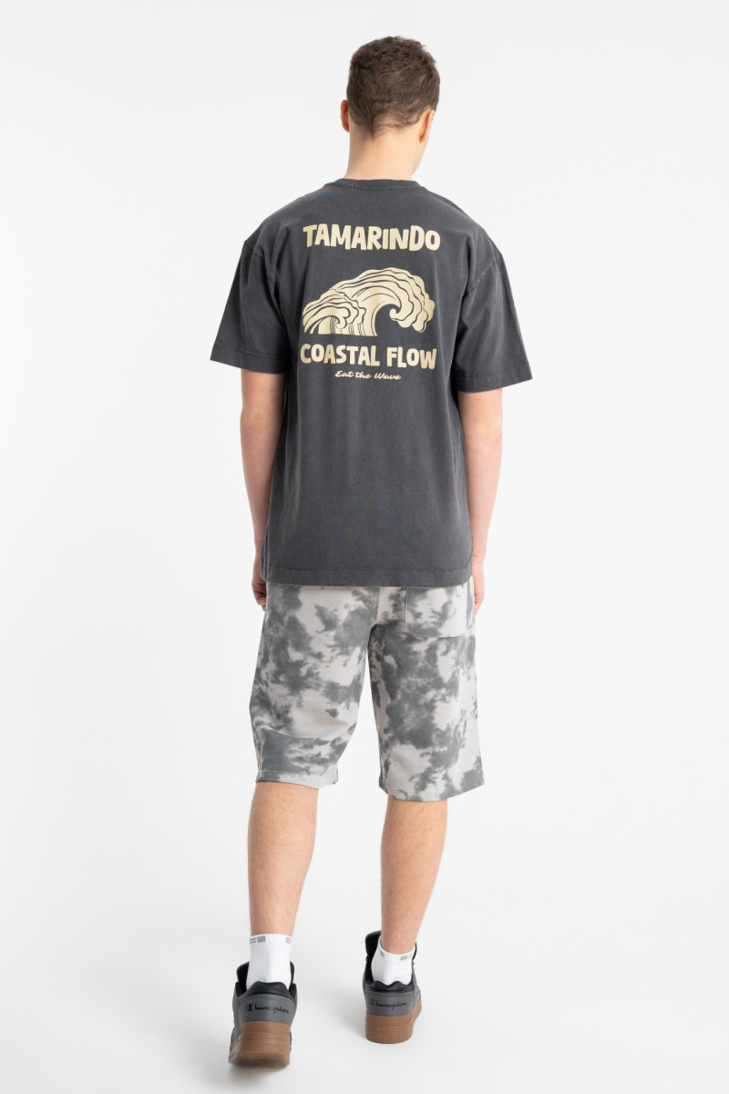 Ciemnoszary t-shirt LOOSE z efektem sprania z autorską grafiką z tyłu