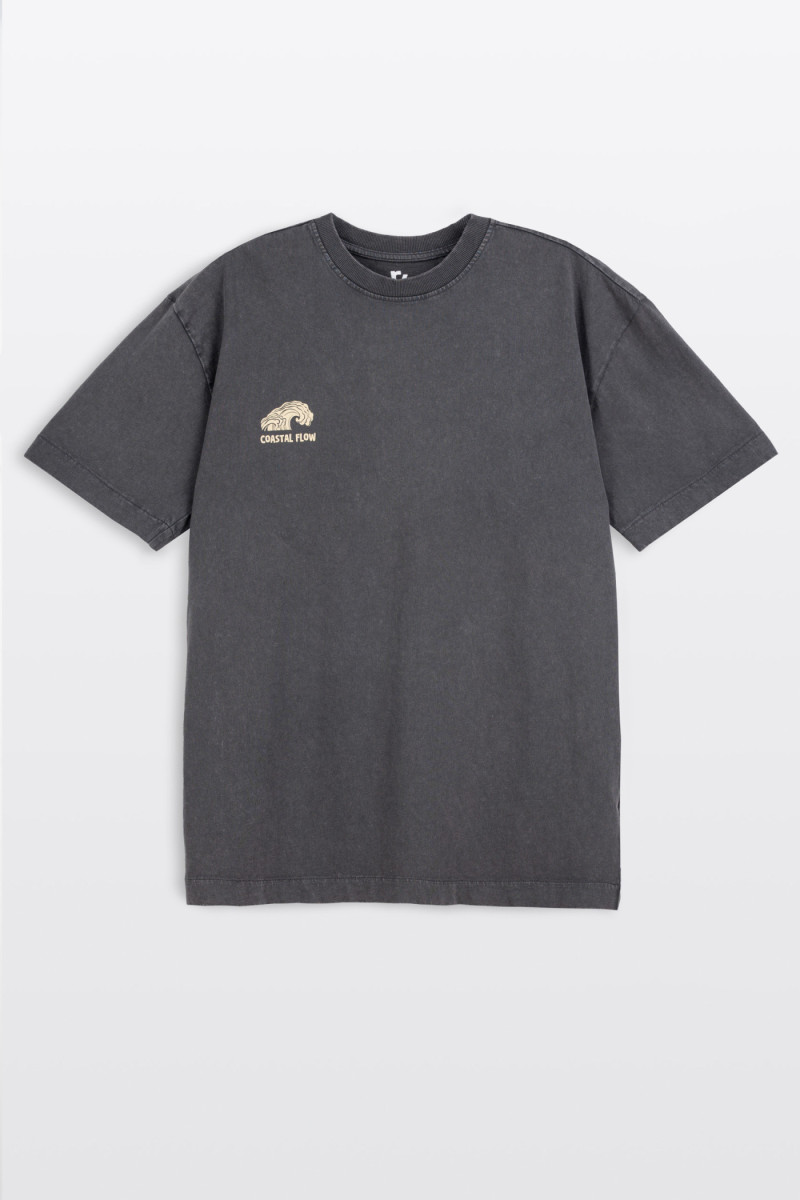 Ciemnoszary t-shirt LOOSE z efektem sprania z autorską grafiką z tyłu