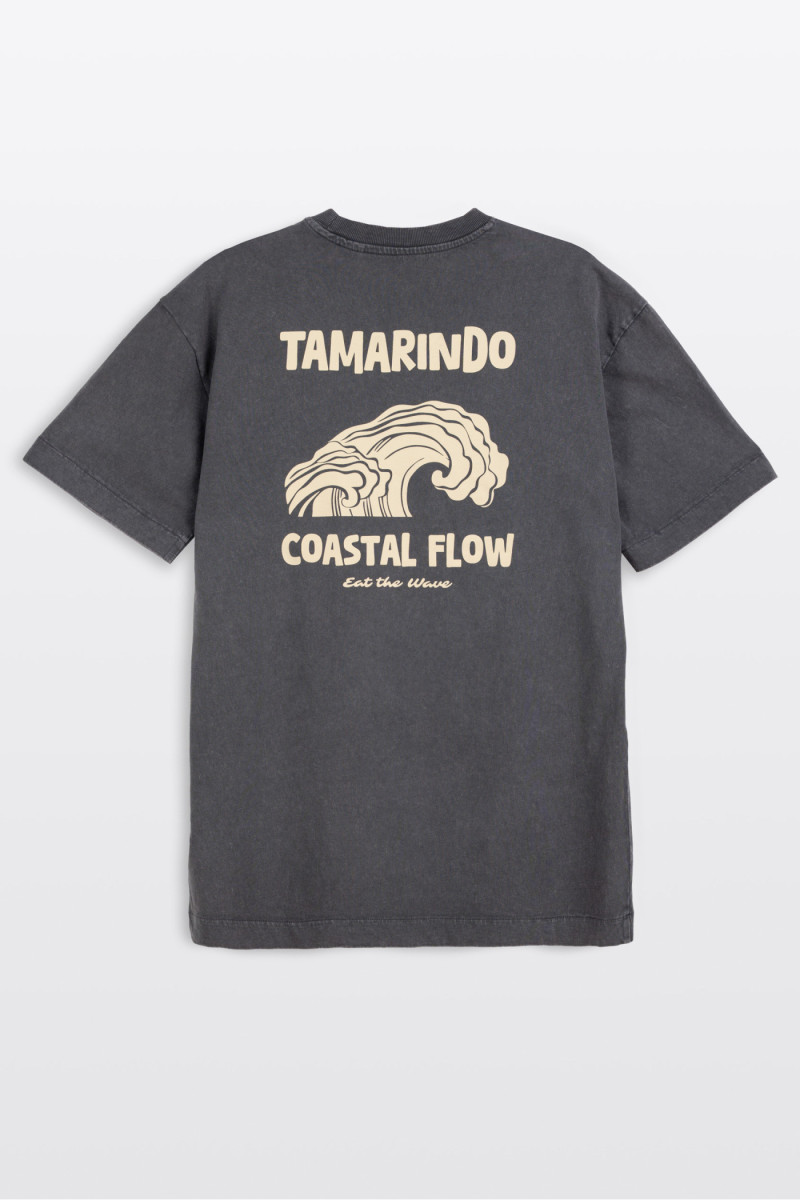 Ciemnoszary t-shirt LOOSE z efektem sprania z autorską grafiką z tyłu