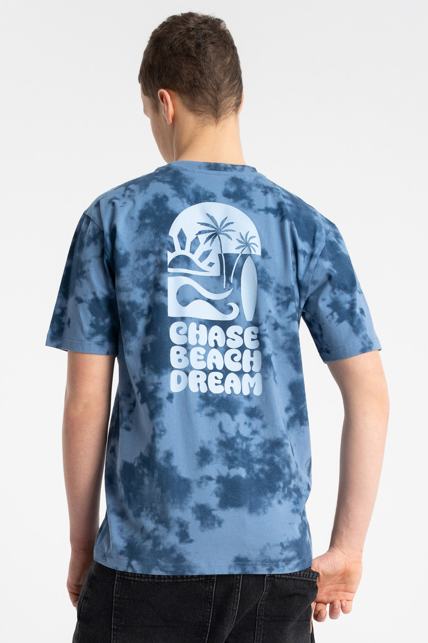 Niebieski t-shirt REGULAR z nadrukiem tie dye na całości