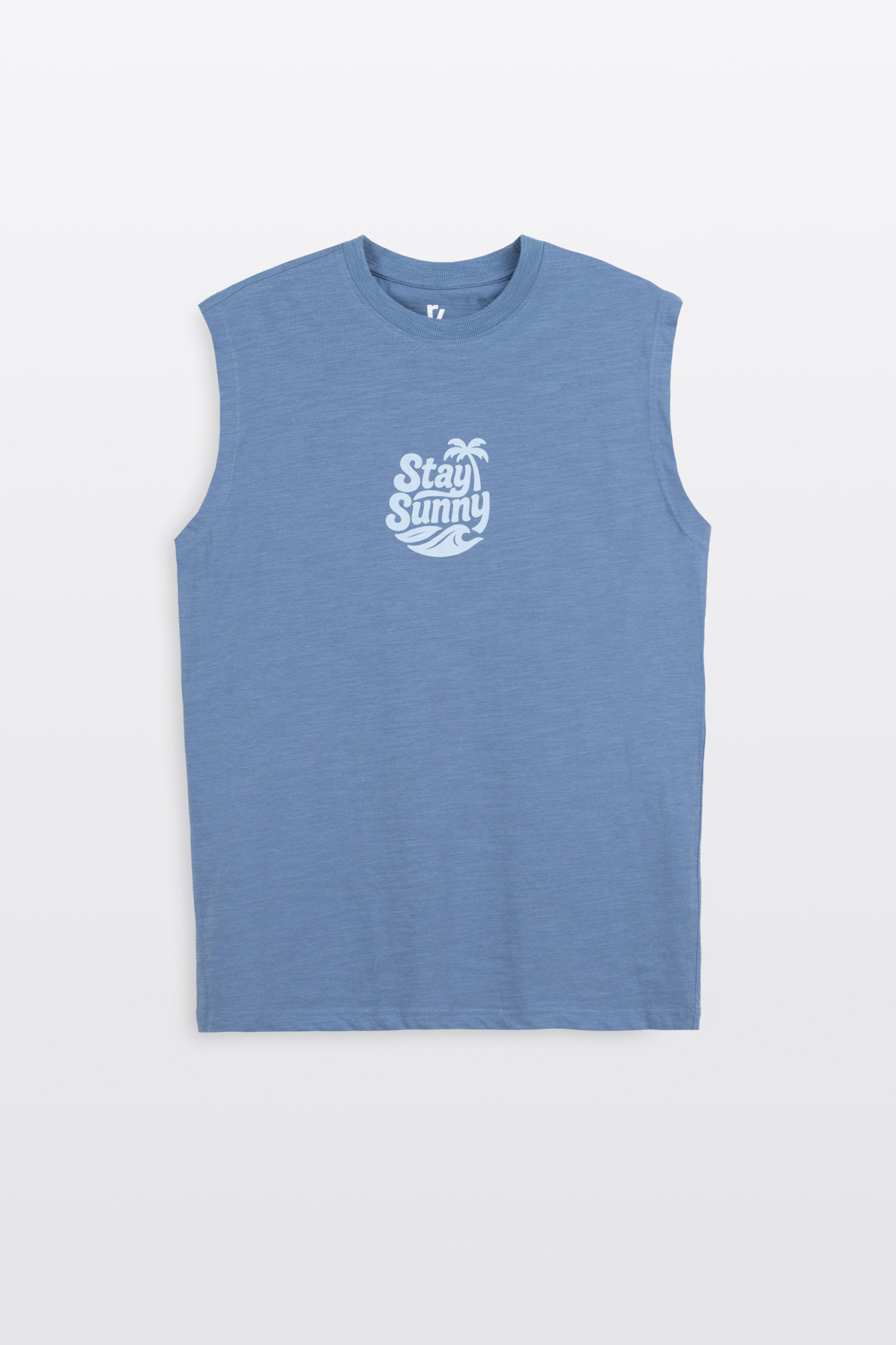 Niebieski t-shirt bez rękawów z autorską grafiką z przodu