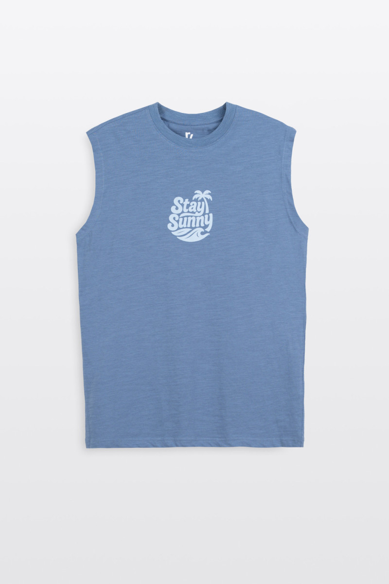 Niebieski t-shirt bez rękawów z autorską grafiką z przodu