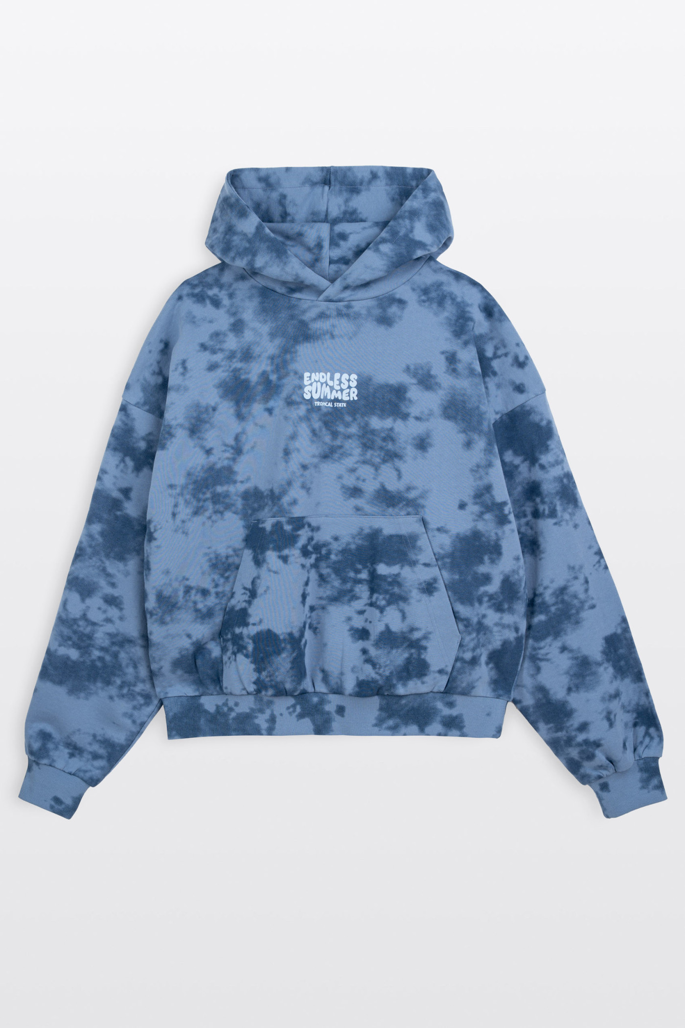 Niebieska bluza BOXY z kapturem z nadrukiem tie dye na całości