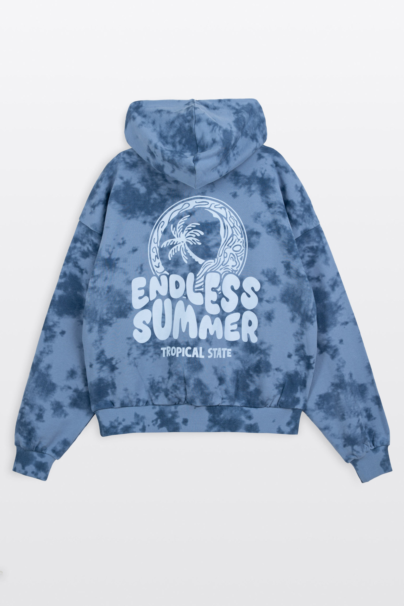 Niebieska bluza BOXY z kapturem z nadrukiem tie dye na całości