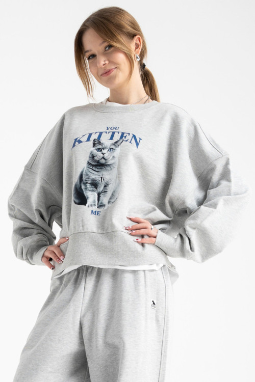 Bluza CREWNECK szary melanż bez kaptura z autorską grafiką z przodu