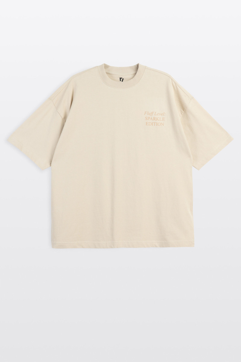 Beżowy t-shirt OVERSIZE z autorską grafika z tyłu