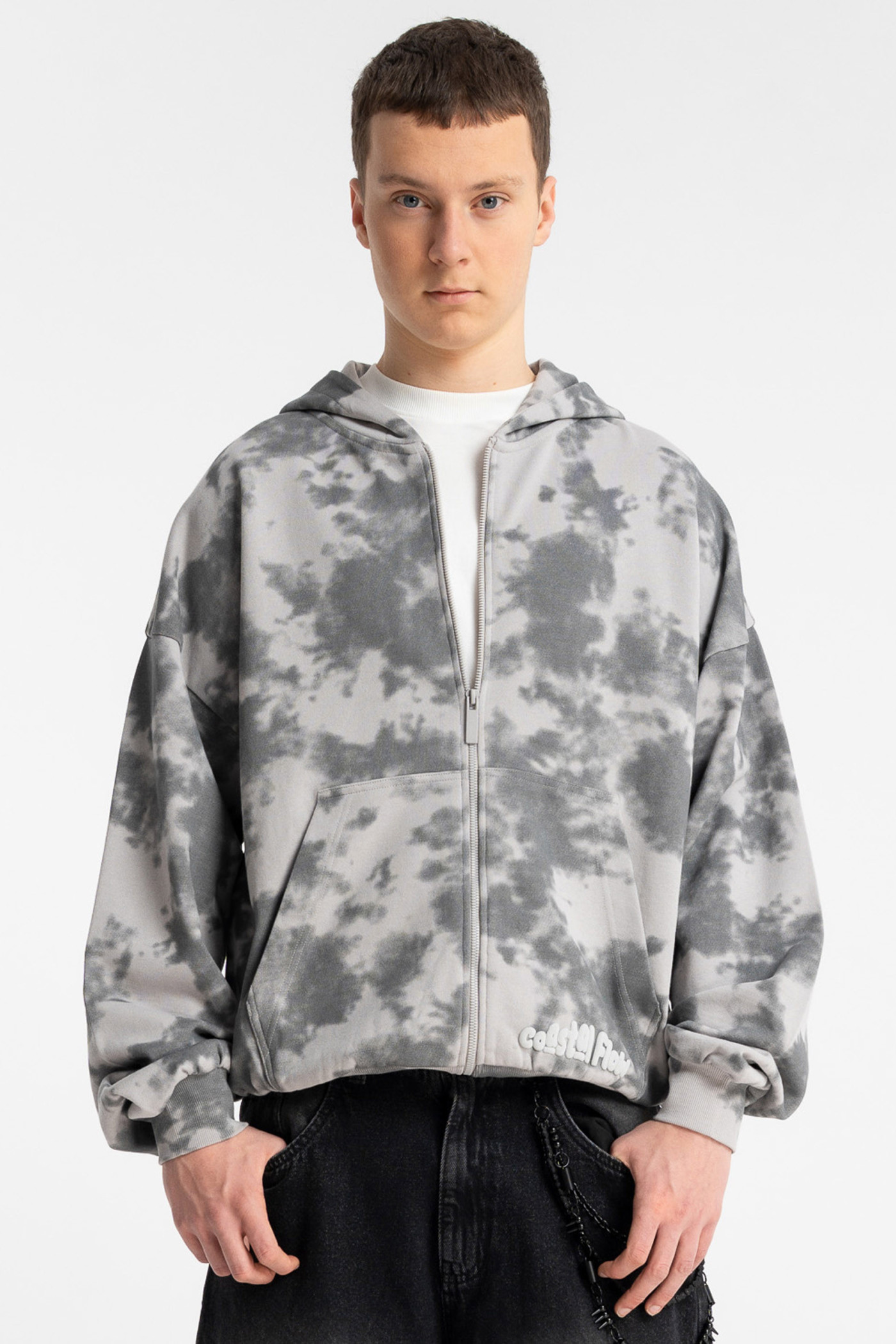 Szara bluza BOXY z kapturem z nadrukiem tie dye na całości