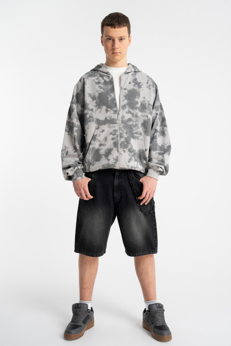 Szara bluza BOXY z kapturem z nadrukiem tie dye na całości