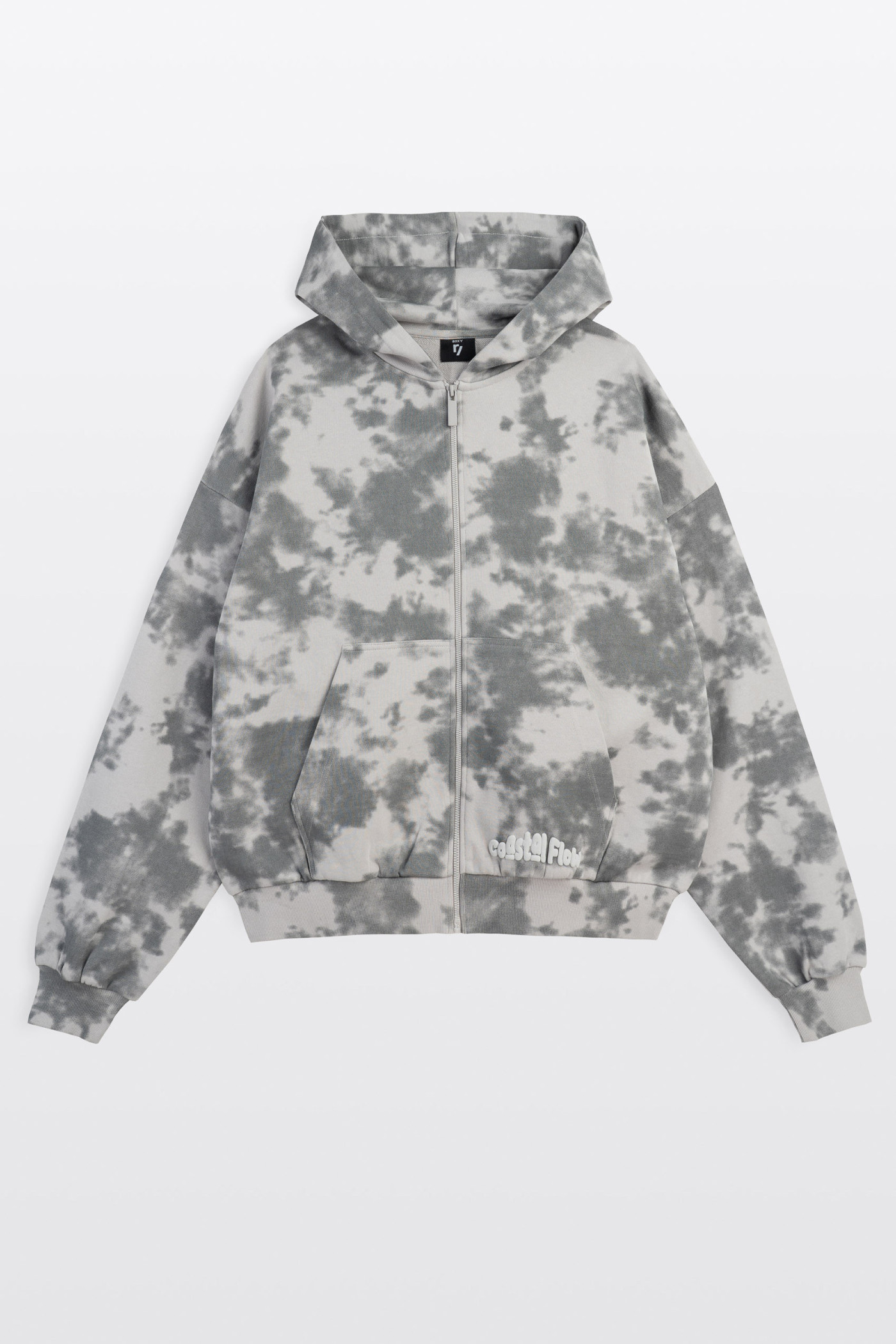Szara bluza BOXY z kapturem z nadrukiem tie dye na całości