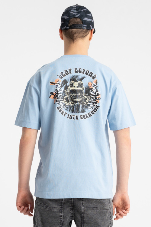 Niebieski t-shirt LOOSE z autorską grafika z przodu