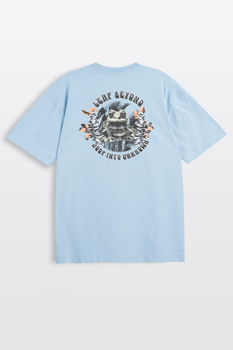 Niebieski t-shirt LOOSE z autorską grafika z przodu