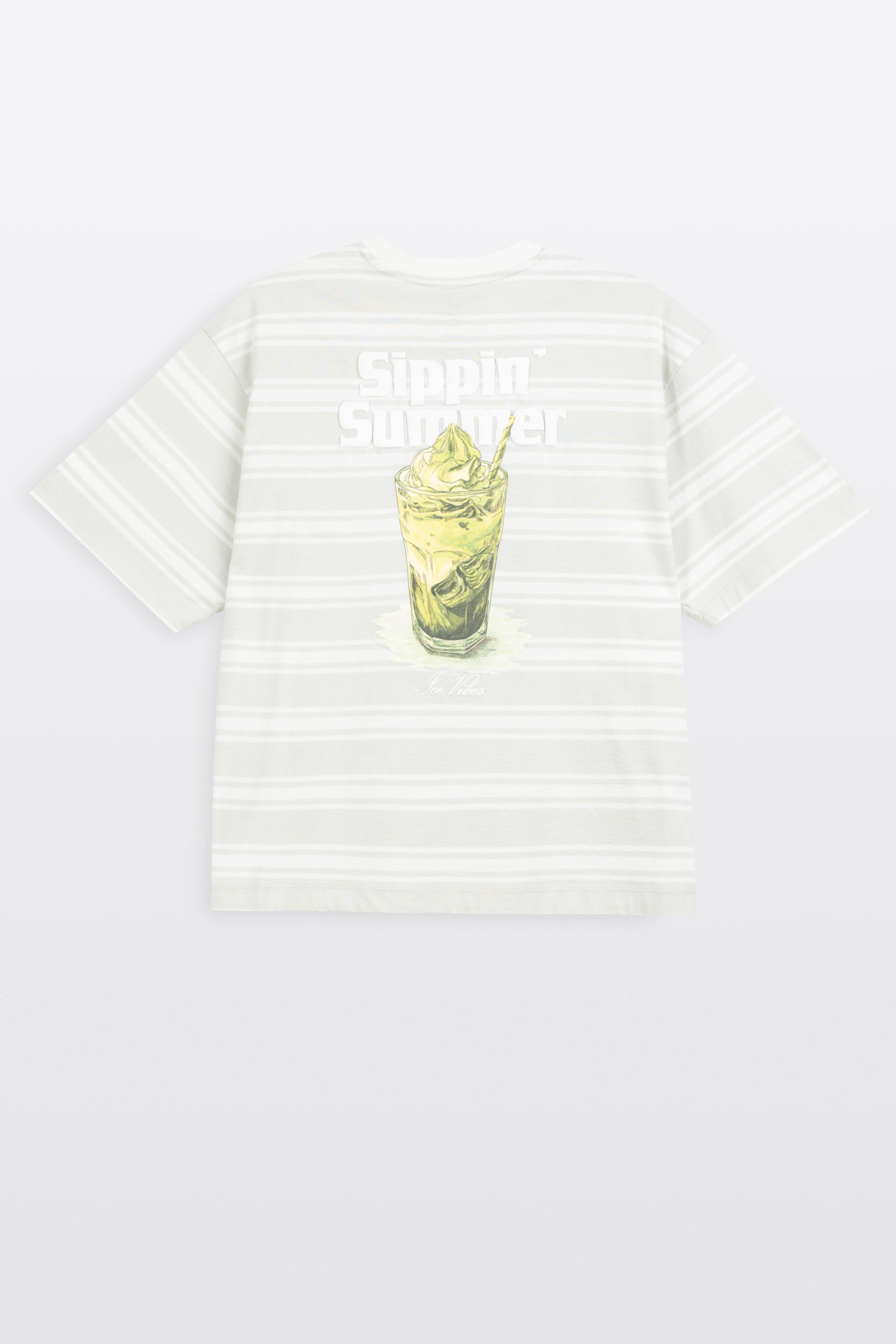 T-shirt CROPPED w biało-zielone paski z autorską grafiką z tyłu