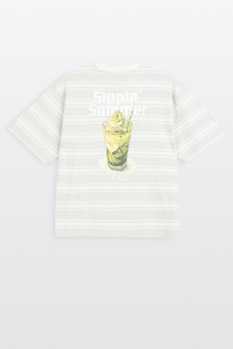 T-shirt CROPPED w biało-zielone paski z autorską grafika z tyłu, miętowy