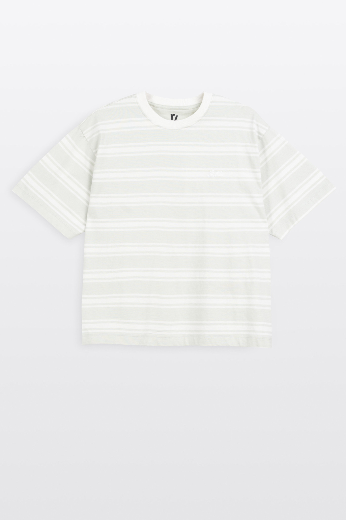 T-shirt CROPPED w biało-zielone paski z autorską grafiką z tyłu