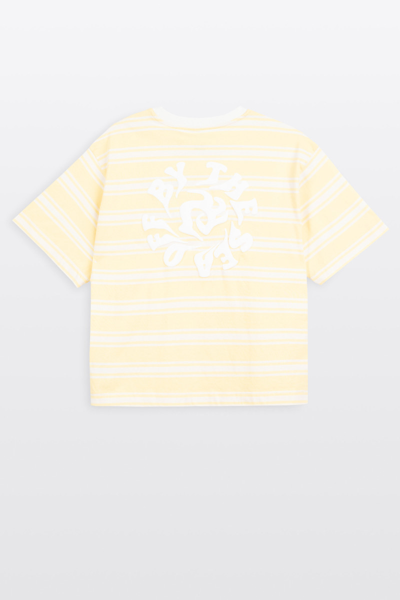 T-shirt CROPPED w biało-żółte paski z autorską grafika z tyłu